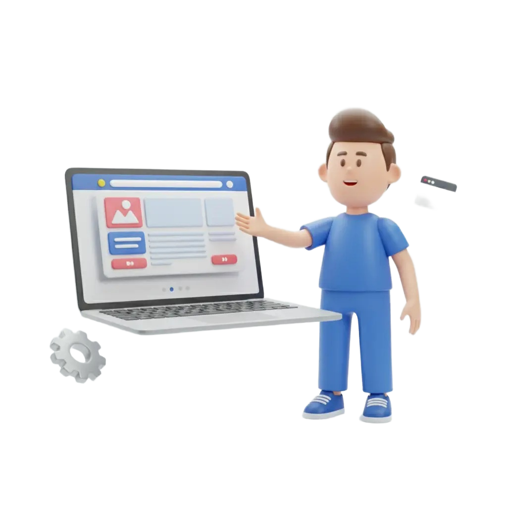 3D illustration of a boy working on a laptop to build a premium website